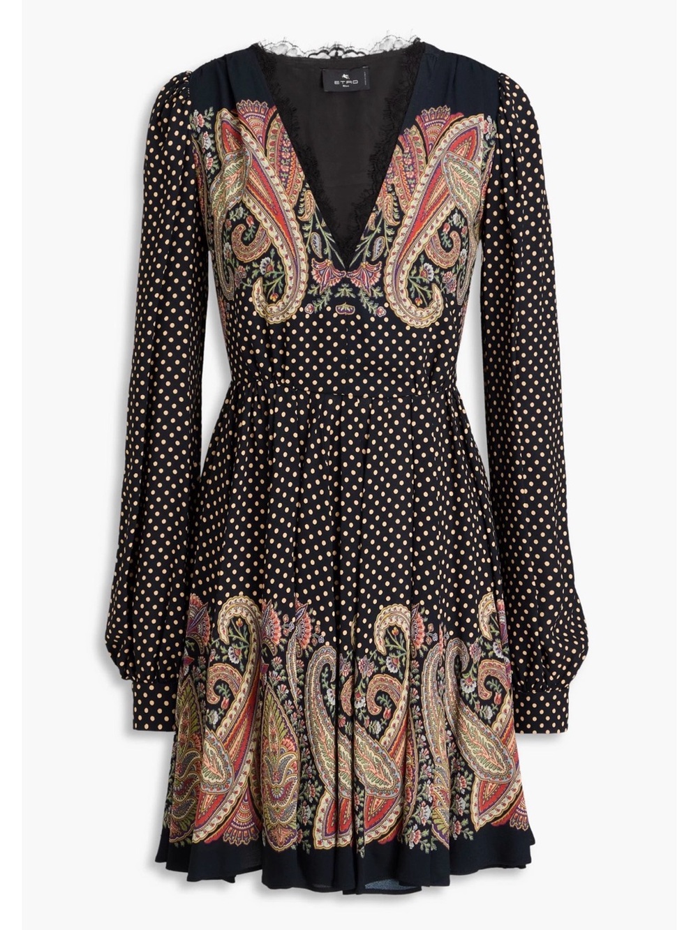 Black Paisley & Polka Dot V‑Neck Long Sleeve Dress IT48